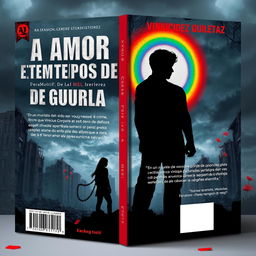 A book cover titled "Amor em Tempos de Guerra" featuring a hostile world where being LGBTQI+ is a crime and love becomes an act of rebellion