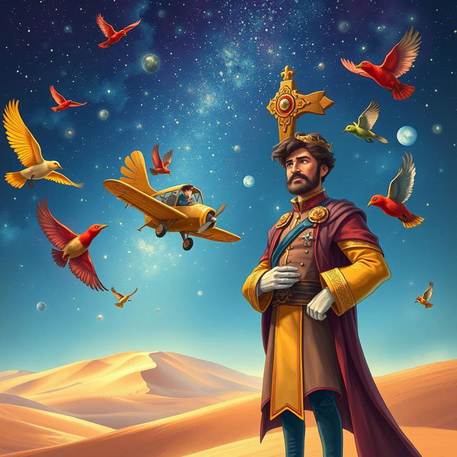 A fantastical book cover illustration featuring a dashing prince in regal attire standing confidently, surrounded by vibrant, colorful birds soaring around him