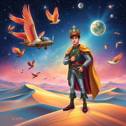 A fantastical book cover illustration featuring a dashing prince in regal attire standing confidently, surrounded by vibrant, colorful birds soaring around him