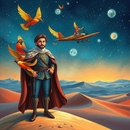 A fantastical book cover illustration featuring a dashing prince in regal attire standing confidently, surrounded by vibrant, colorful birds soaring around him