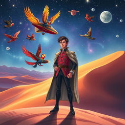 A fantastical book cover illustration featuring a dashing prince in regal attire standing confidently, surrounded by vibrant, colorful birds soaring around him