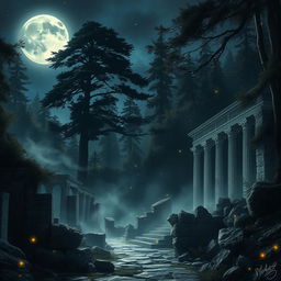 A captivating night scene depicting the ruins of an ancient sanctuary hidden within a dense, mystical forest