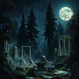 A captivating night scene depicting the ruins of an ancient sanctuary hidden within a dense, mystical forest