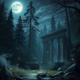 A captivating night scene depicting the ruins of an ancient sanctuary hidden within a dense, mystical forest