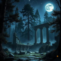 A captivating night scene depicting the ruins of an ancient sanctuary hidden within a dense, mystical forest
