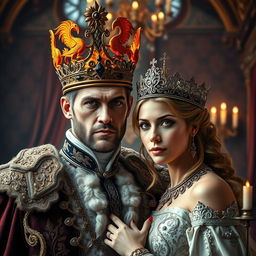 A majestic scene featuring a cold handsome king wearing an ornate crown entwined with fiery phoenix motifs