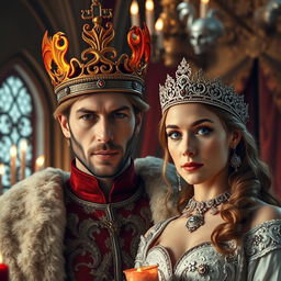 A majestic scene featuring a cold handsome king wearing an ornate crown entwined with fiery phoenix motifs