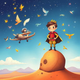 A whimsical book cover design featuring a childlike prince with a joyful expression, illustrated in vibrant colors