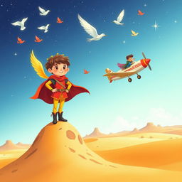 A whimsical book cover design featuring a childlike prince with a joyful expression, illustrated in vibrant colors
