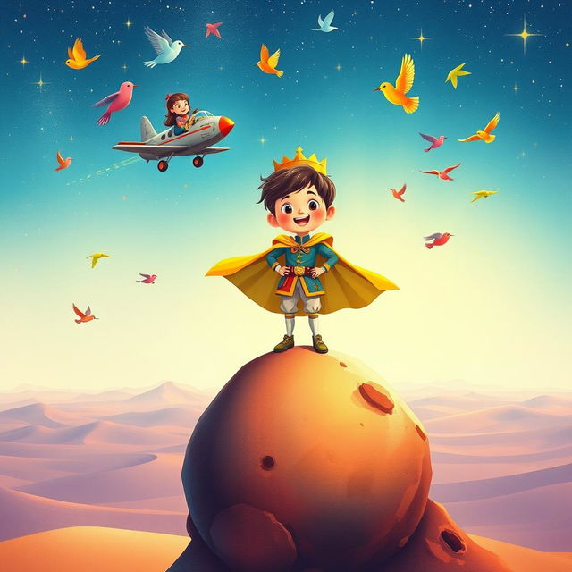 A whimsical book cover design featuring a childlike prince with a joyful expression, illustrated in vibrant colors