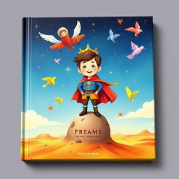 A whimsical book cover design featuring a childlike prince with a joyful expression, illustrated in vibrant colors