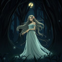 A stunning portrayal of Millicent from Elden Ring, depicted in a dark, atmospheric forest at night