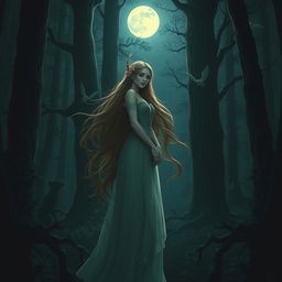 A stunning portrayal of Millicent from Elden Ring, depicted in a dark, atmospheric forest at night