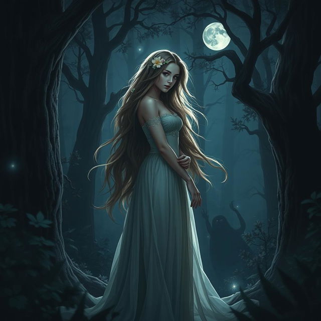 A stunning portrayal of Millicent from Elden Ring, depicted in a dark, atmospheric forest at night