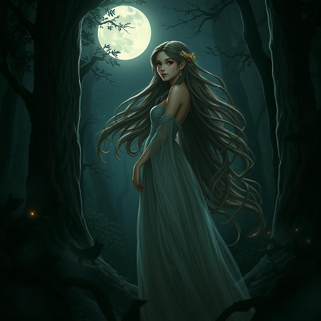 A stunning portrayal of Millicent from Elden Ring, depicted in a dark, atmospheric forest at night