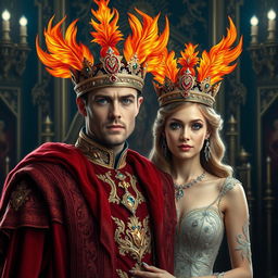 A majestic scene of a cold handsome king adorned with a fiery phoenix crown, standing proudly beside a beautiful queen