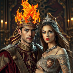 A majestic scene of a cold handsome king adorned with a fiery phoenix crown, standing proudly beside a beautiful queen