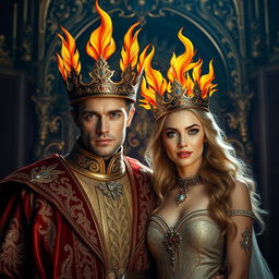 A majestic scene of a cold handsome king adorned with a fiery phoenix crown, standing proudly beside a beautiful queen