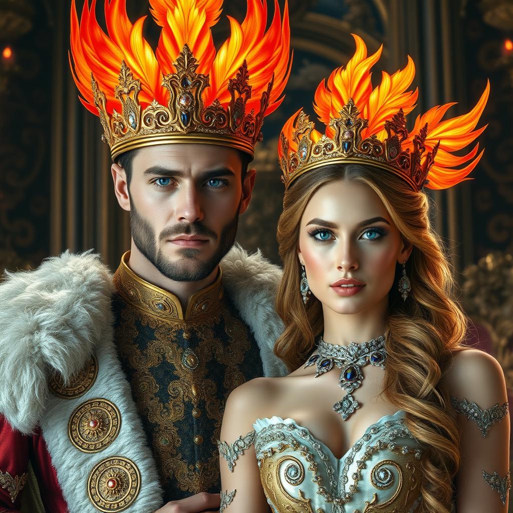 A majestic scene of a cold handsome king adorned with a fiery phoenix crown, standing proudly beside a beautiful queen