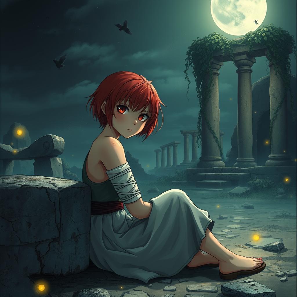 A poignant scene depicting a red-haired girl with a short hairstyle, sitting on the ground amidst the ruins of an ancient shrine at night