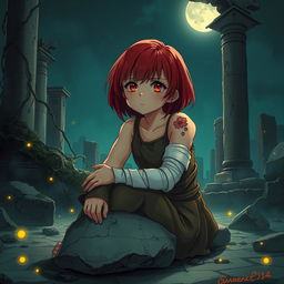 A poignant scene depicting a red-haired girl with a short hairstyle, sitting on the ground amidst the ruins of an ancient shrine at night