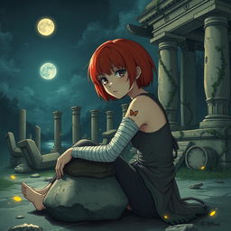 A poignant scene depicting a red-haired girl with a short hairstyle, sitting on the ground amidst the ruins of an ancient shrine at night