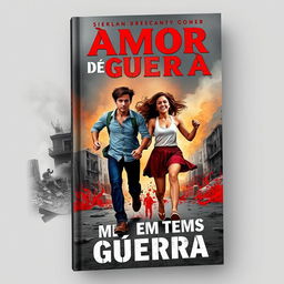 A book cover titled "Amor em Tempos de Guerra" featuring two young people running hand in hand, symbolizing the connection and strength of love amidst chaos