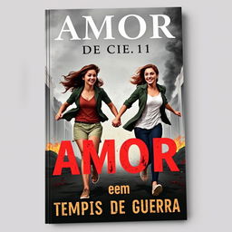 A book cover titled "Amor em Tempos de Guerra" featuring two young people running hand in hand, symbolizing the connection and strength of love amidst chaos