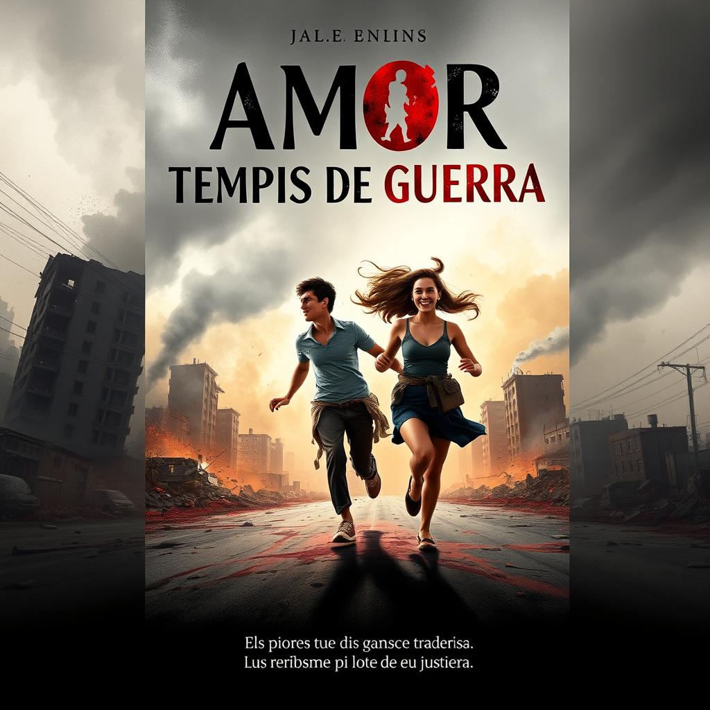 A book cover titled "Amor em Tempos de Guerra" featuring two young people running hand in hand, symbolizing the connection and strength of love amidst chaos