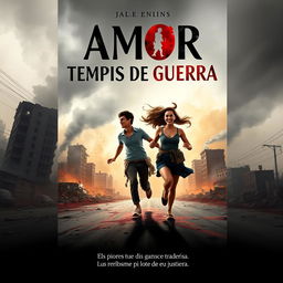 A book cover titled "Amor em Tempos de Guerra" featuring two young people running hand in hand, symbolizing the connection and strength of love amidst chaos