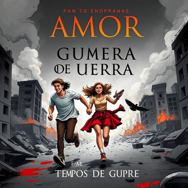 A book cover titled "Amor em Tempos de Guerra" featuring two young people running hand in hand, symbolizing the connection and strength of love amidst chaos