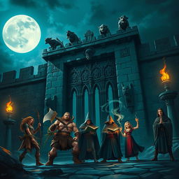 A dramatic night scene featuring a diverse group of five adventurers: a Druid, a Barbarian, a Wizard, a Sorcerer, and a Monk, gathered near the towering gates of a colossal castle