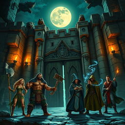 A dramatic night scene featuring a diverse group of five adventurers: a Druid, a Barbarian, a Wizard, a Sorcerer, and a Monk, gathered near the towering gates of a colossal castle
