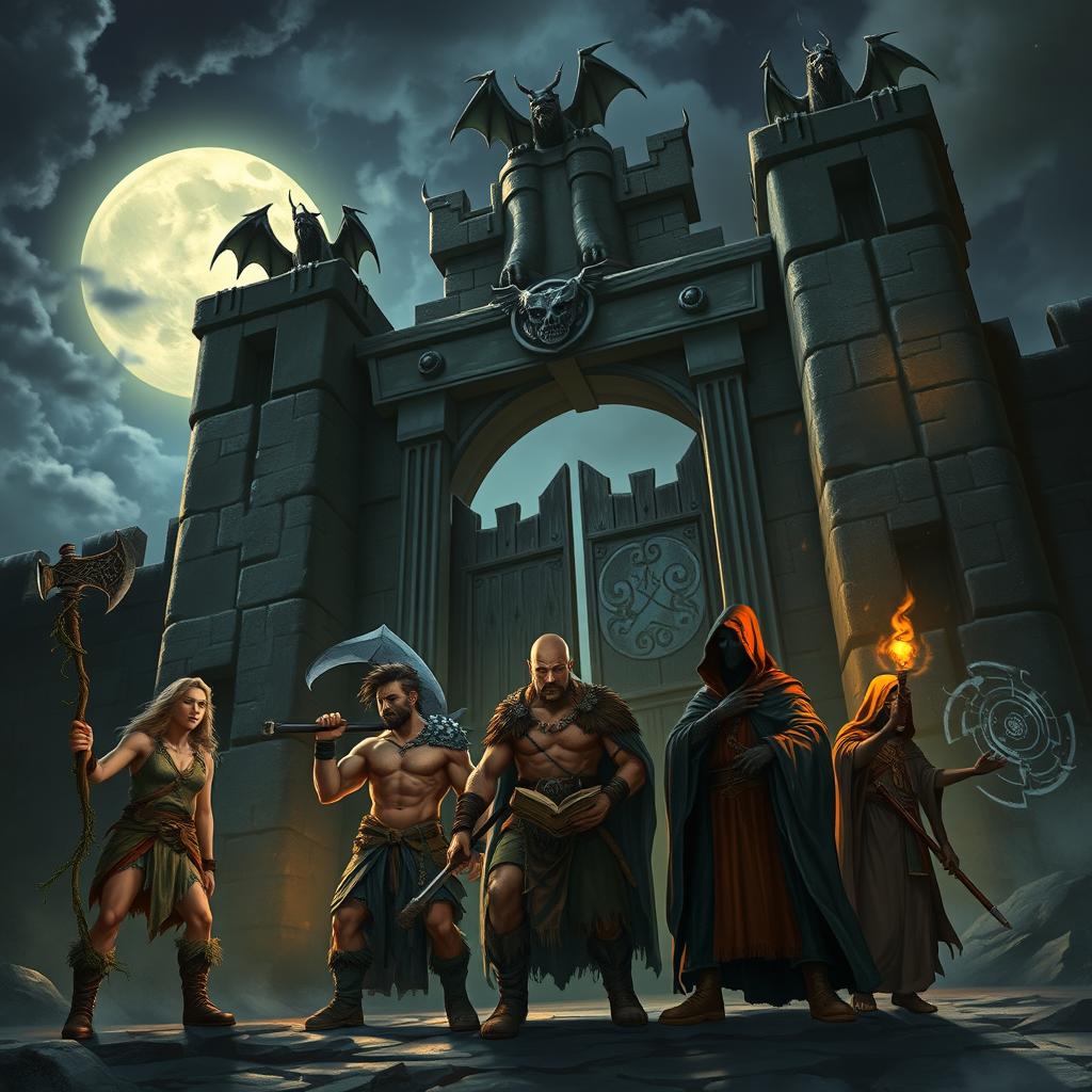 A dramatic night scene featuring a diverse group of five adventurers: a Druid, a Barbarian, a Wizard, a Sorcerer, and a Monk, gathered near the towering gates of a colossal castle