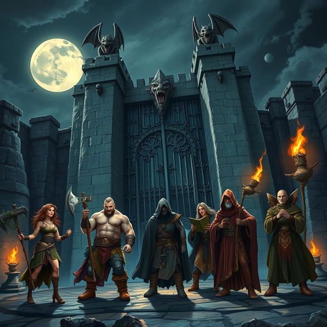 A dramatic night scene featuring a diverse group of five adventurers: a Druid, a Barbarian, a Wizard, a Sorcerer, and a Monk, gathered near the towering gates of a colossal castle