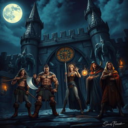 A captivating night scene depicting a diverse group of adventurers: a male Druid, a male Barbarian, a male Wizard, a female Sorcerer, and a male Monk, gathered near the imposing gates of a grand castle