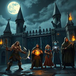 A captivating night scene depicting a diverse group of adventurers: a male Druid, a male Barbarian, a male Wizard, a female Sorcerer, and a male Monk, gathered near the imposing gates of a grand castle