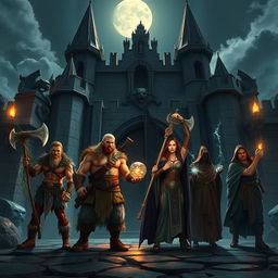 A captivating night scene depicting a diverse group of adventurers: a male Druid, a male Barbarian, a male Wizard, a female Sorcerer, and a male Monk, gathered near the imposing gates of a grand castle
