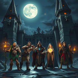A captivating night scene depicting a diverse group of adventurers: a male Druid, a male Barbarian, a male Wizard, a female Sorcerer, and a male Monk, gathered near the imposing gates of a grand castle