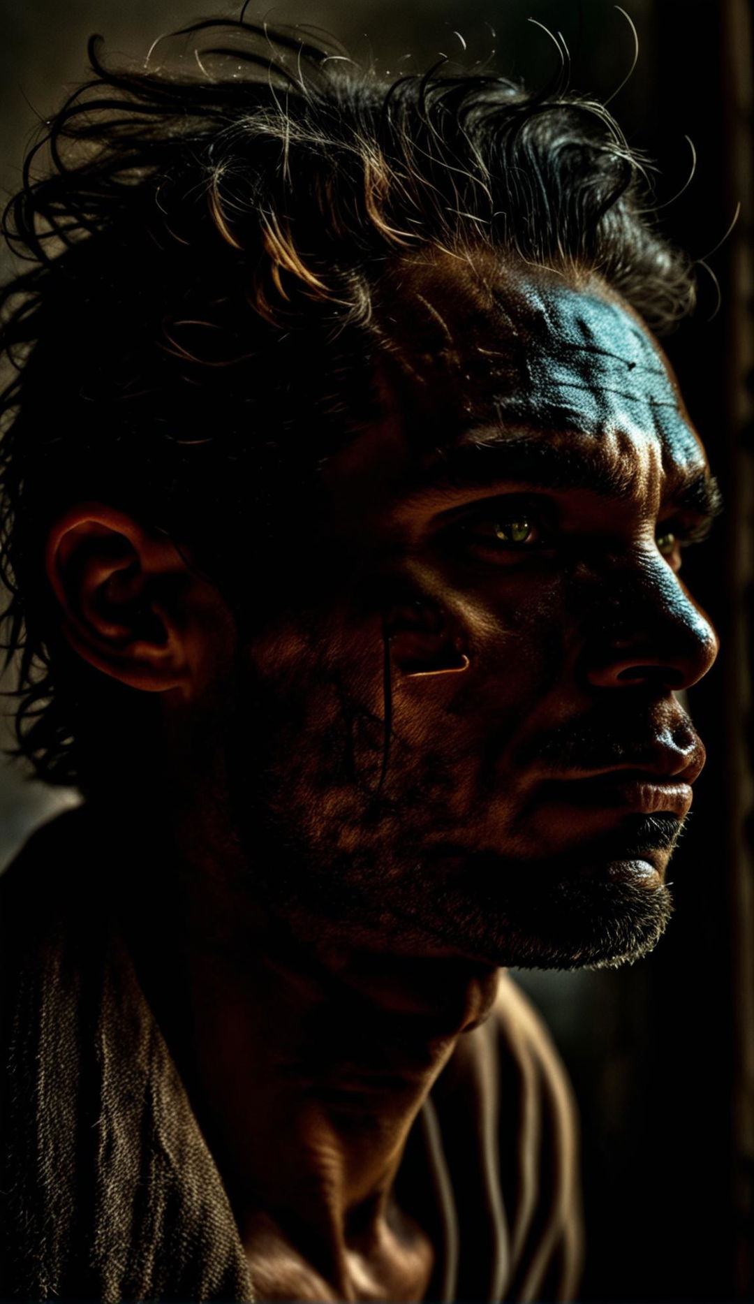 A raw 16k resolution photograph of a handsome man with stubble and wavy hair. His green eyes reflect the low light in the room. The image is unedited and captures his symmetrical facial features in a side view.