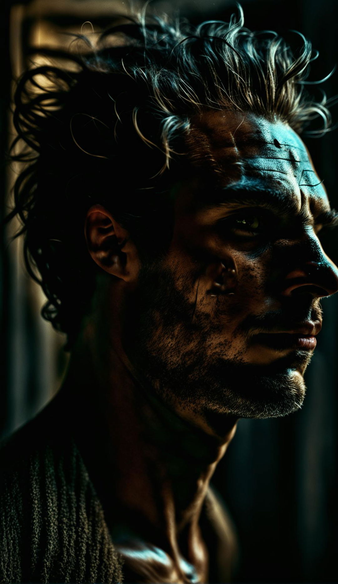 A 16k resolution raw photograph of a handsome man with wavy hair and stubble. His green eyes reflect the low light in the room. The image is a side view, highlighting his symmetrical features. The style is reminiscent of James Nachtwey's experimental photography.