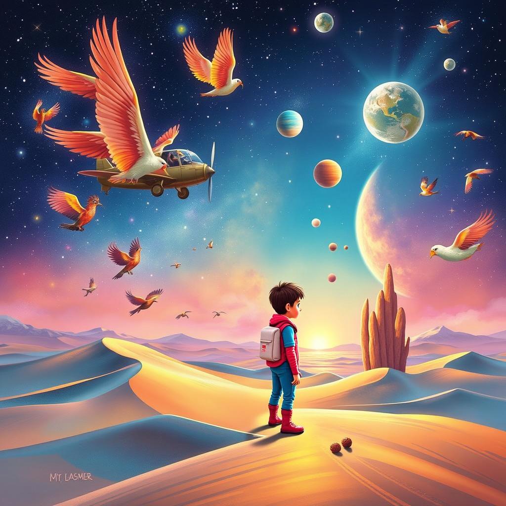 A whimsical book cover featuring a child prince standing confidently in a desert landscape