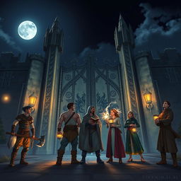 A night scene depicting a group of five adventurers: a male Druid, a male Barbarian, a male Wizard, a female Sorcerer, and a male Monk, standing together in awe as they gaze at the massive gates of a grand castle