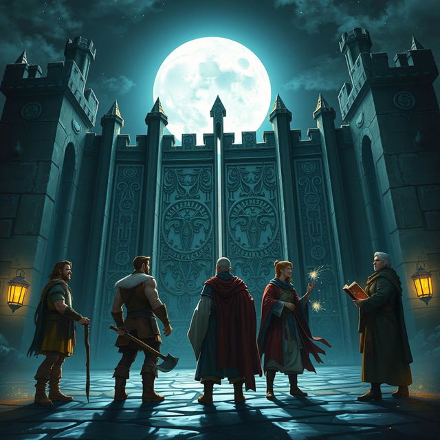 A night scene depicting a group of five adventurers: a male Druid, a male Barbarian, a male Wizard, a female Sorcerer, and a male Monk, standing together in awe as they gaze at the massive gates of a grand castle