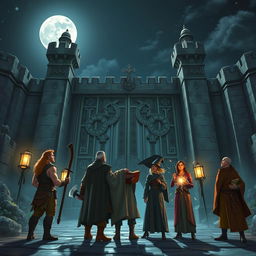 A night scene depicting a group of five adventurers: a male Druid, a male Barbarian, a male Wizard, a female Sorcerer, and a male Monk, standing together in awe as they gaze at the massive gates of a grand castle