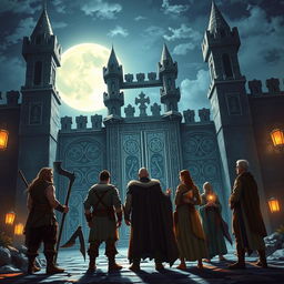 A night scene depicting a group of five adventurers: a male Druid, a male Barbarian, a male Wizard, a female Sorcerer, and a male Monk, standing together in awe as they gaze at the massive gates of a grand castle