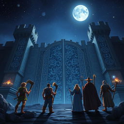 A mesmerizing night scene showcasing five adventurers: a male Druid, a male Barbarian, a male Wizard, a female Sorcerer, and a male Monk, all looking up in awe at the enormous gates of a majestic castle