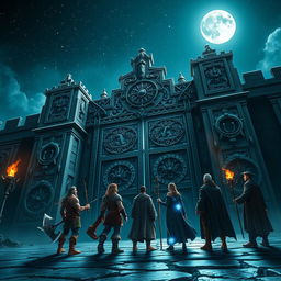 A mesmerizing night scene showcasing five adventurers: a male Druid, a male Barbarian, a male Wizard, a female Sorcerer, and a male Monk, all looking up in awe at the enormous gates of a majestic castle
