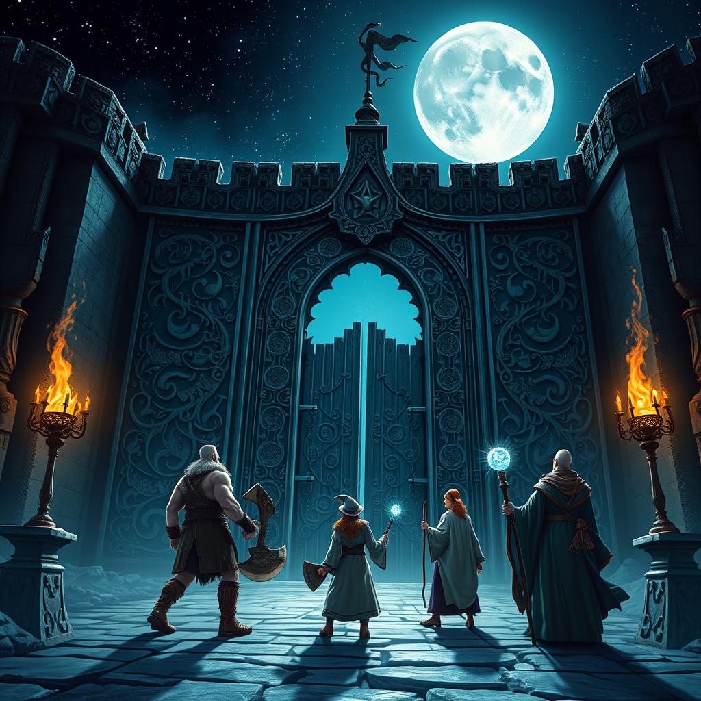 A mesmerizing night scene showcasing five adventurers: a male Druid, a male Barbarian, a male Wizard, a female Sorcerer, and a male Monk, all looking up in awe at the enormous gates of a majestic castle