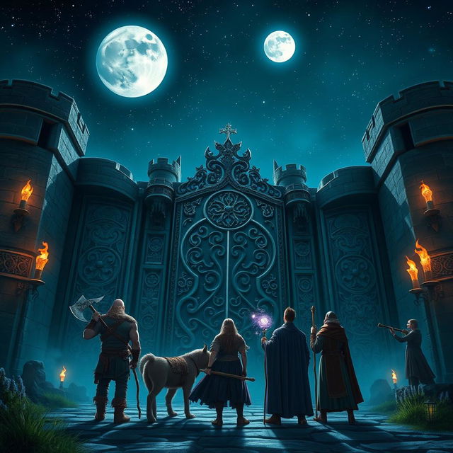 A mesmerizing night scene showcasing five adventurers: a male Druid, a male Barbarian, a male Wizard, a female Sorcerer, and a male Monk, all looking up in awe at the enormous gates of a majestic castle